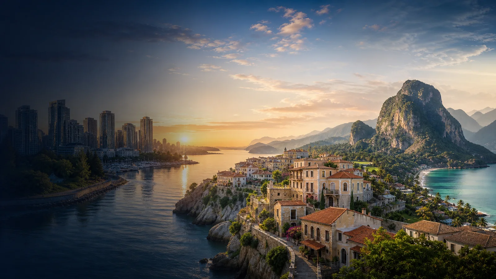 Coastal, urban, and mountain landscape montage representing global retirement location research
