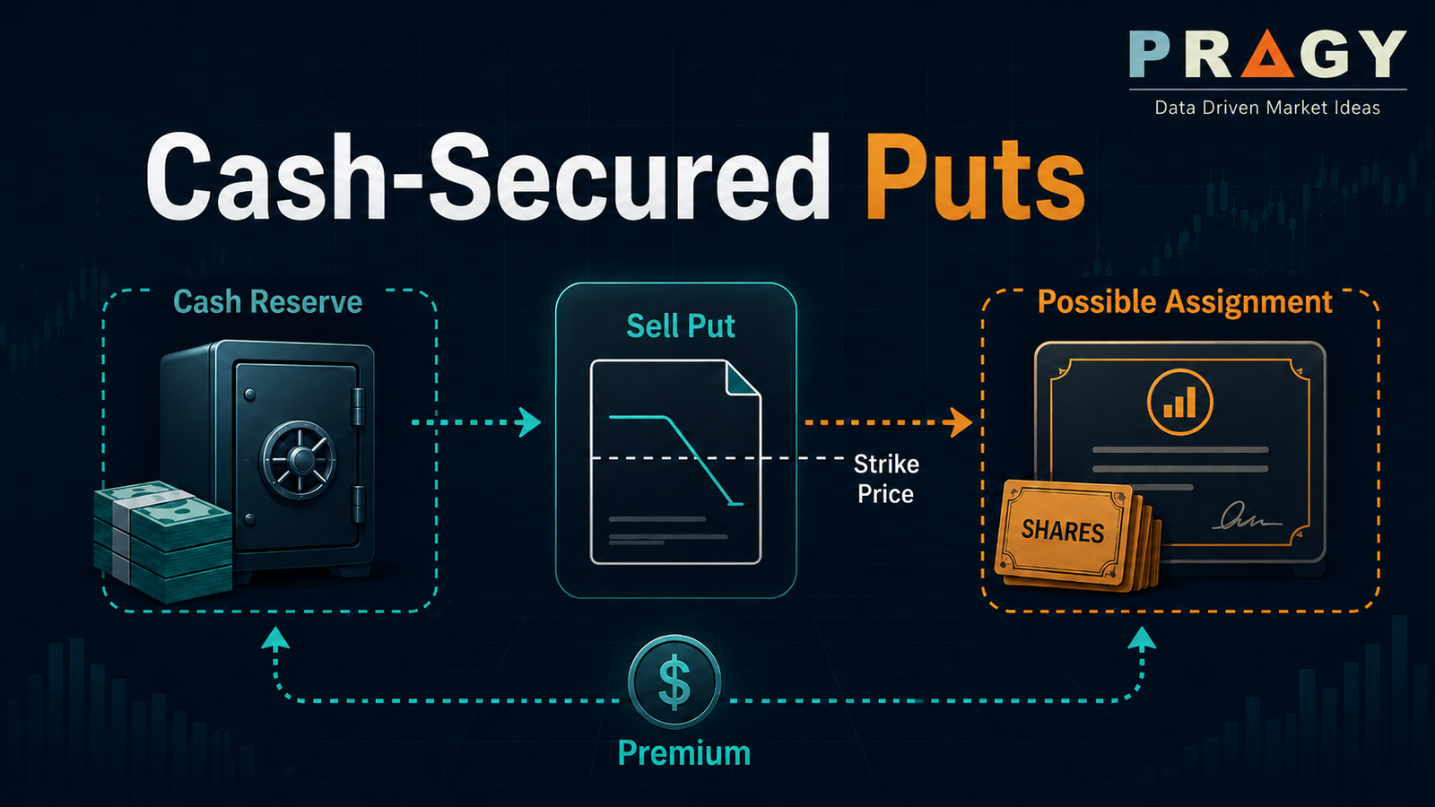 Cash-secured put diagram showing cash reserve, short put premium, strike price, and possible share assignment.