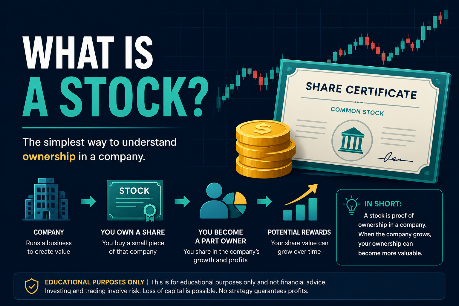 Clean educational chart graphic showing a company represented by one highlighted share of ownership.