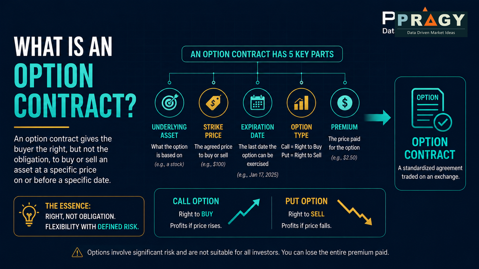 Clean educational graphic showing option contract components including call, put, strike price, premium, expiration, and risk.