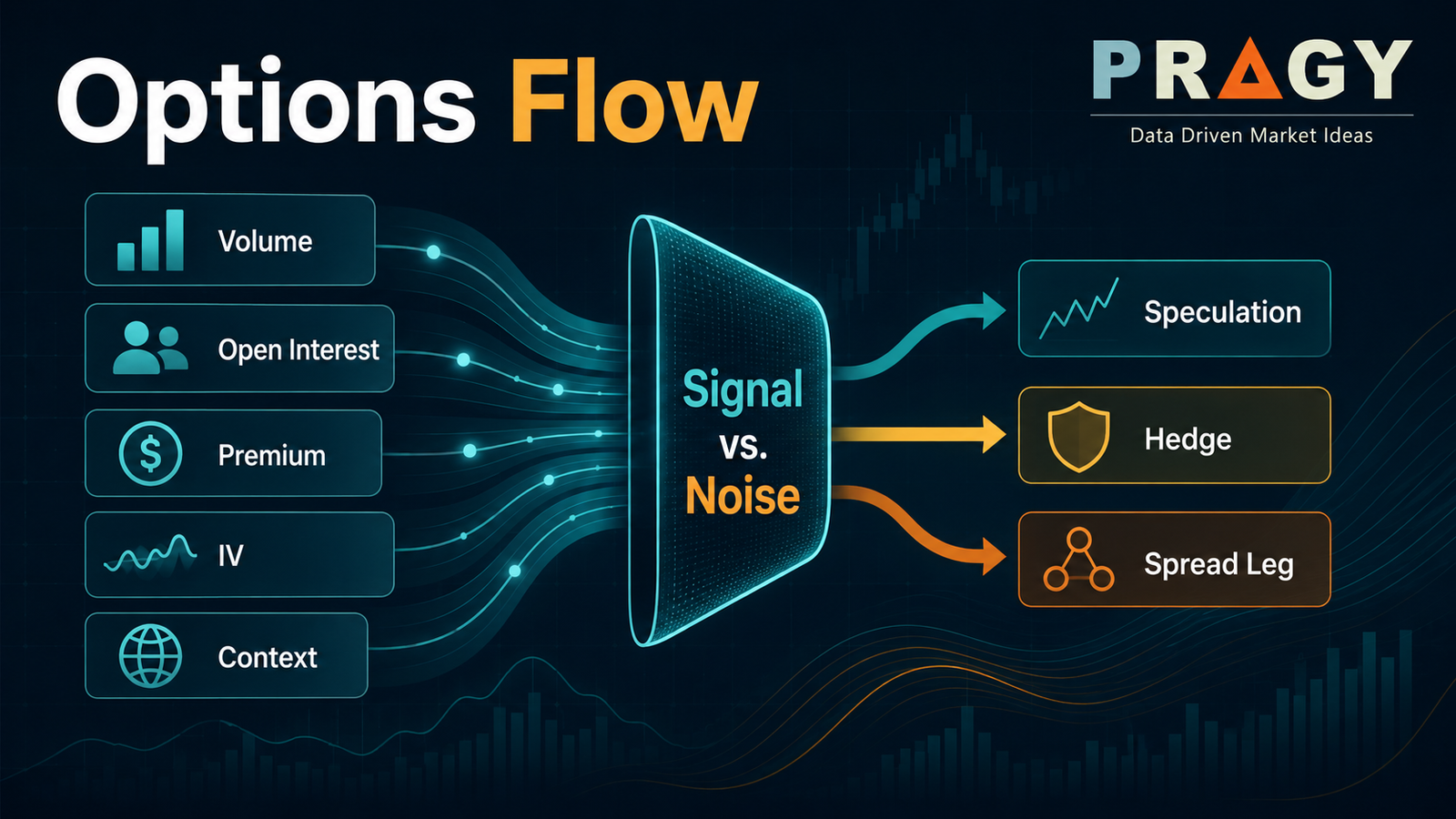 Options flow education graphic showing volume, open interest, premium, and context feeding into a signal-versus-noise filter.