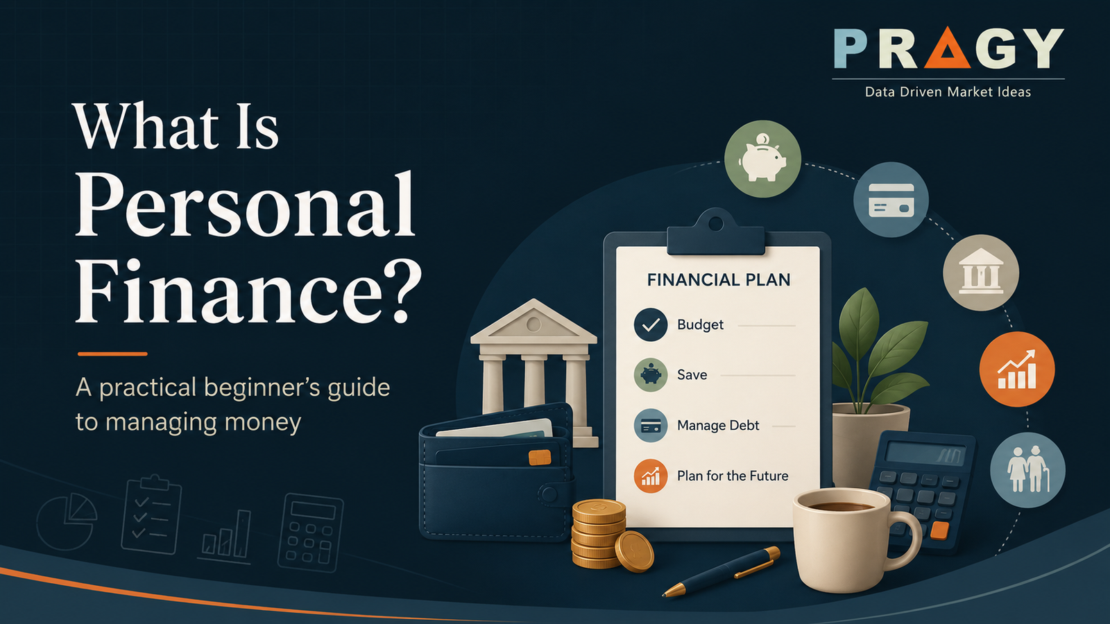 Personal finance checklist with budgeting, saving, debt, banking, and future planning icons