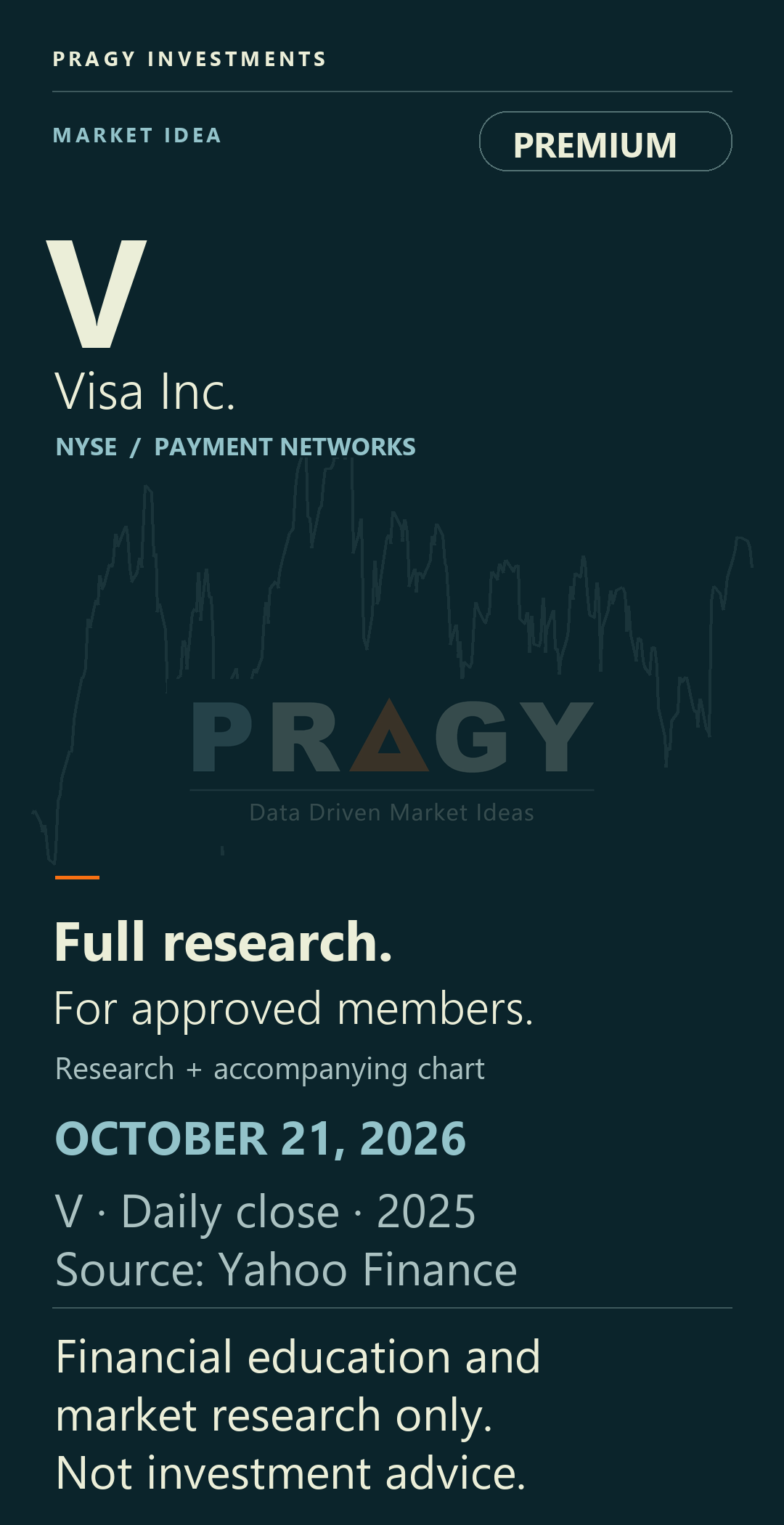 Visa Inc. (V) premium Market Idea, October 21, 2026. Full research is available to approved members. A faint unannotated 2025 Visa daily-price backdrop sits behind the central Pragy Investments logo.